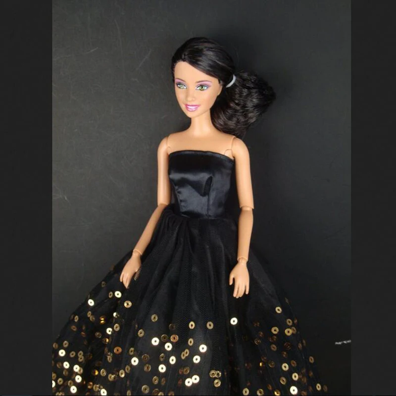 Элегантное черное платье с большим количеством золотых пайеток, изготовлено для куклы, отличный подарок для детей, платье для куклы на день рождения