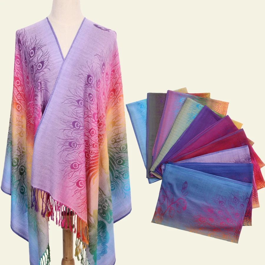

Ethnic style Winter Warmer PASHMINA Shawl Scarf Women Jacquard Peacock Gradient Scarf Shawl Foulard India Long Scarfs Echarpe