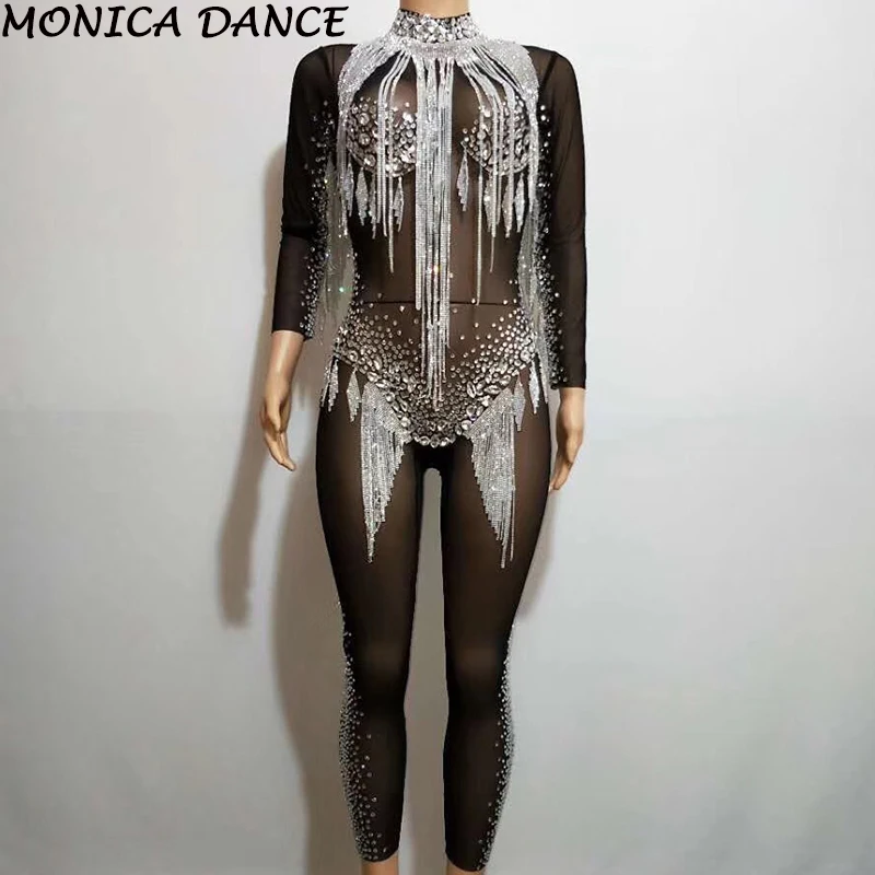 

Sexy Rhinestone Tassel Mesh Costume Crystal Jumpsuit Sexy stretch leotard Rompers Shining Stone Sparkling Diamond Stage Wear