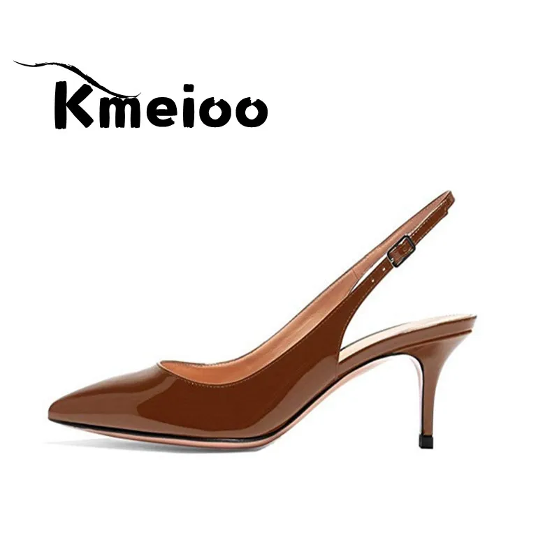 Kmeioo/пикантные женские туфли-лодочки с леопардовым принтом на тонком каблуке, женская обувь для вечеринок, Брендовые женские туфли-лодочки с острым носком и ремешком на щиколотке, большие размеры - Цвет: Brown-patent