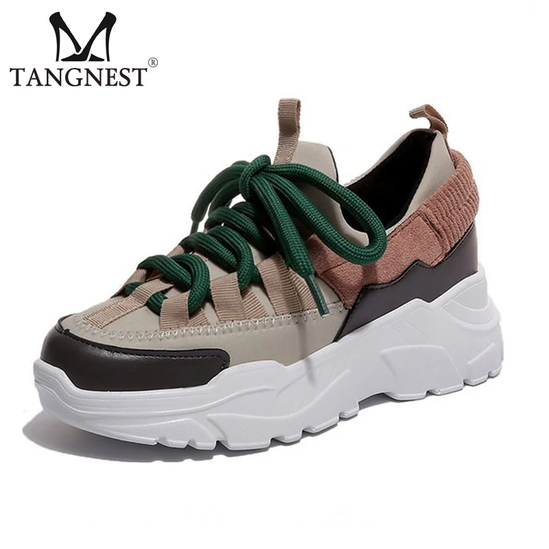 

Tangnest 2019 New Spring Sneakers Woman Platform Flats Slip On Round Toe Mesh Lace Up Creepers Casual Flat Walking Shoes XWC1471
