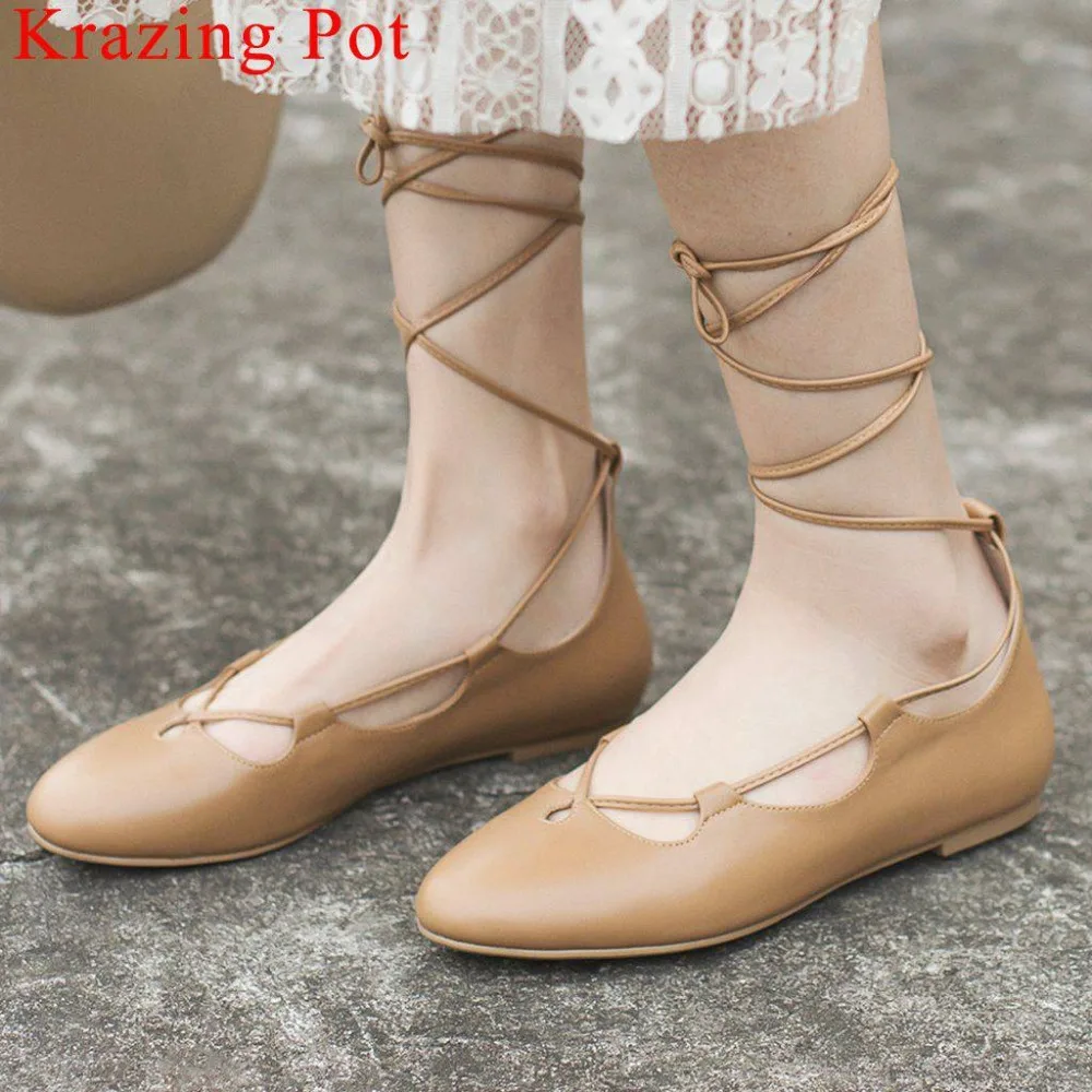

Krazing Pot sweet Princess style natural leather ankle strap loafers square toe hand-sewn leather comfortable driving shoes L22
