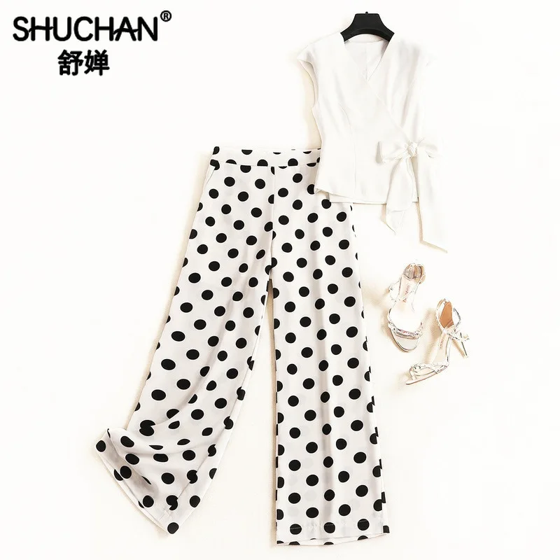 

Shuchan 2 Piece Sets Womens Outfits Office Lady Tank+ Ankle-Length Pants with Polka Dot Summer Suit Female Fashion clothin 51632