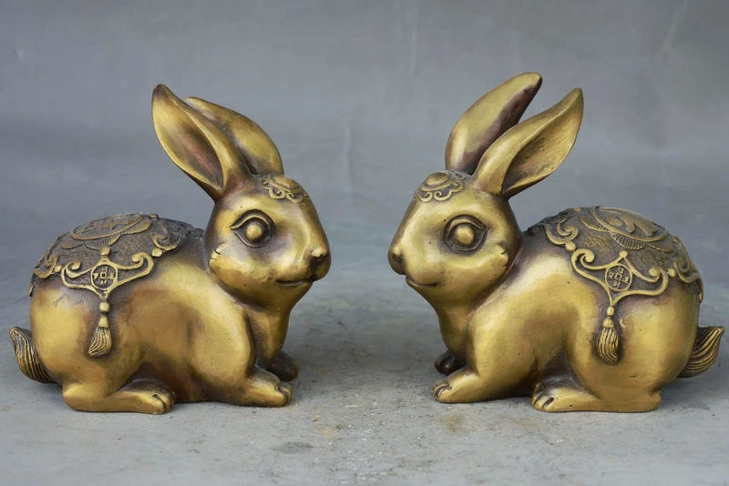 

5"Chinese FengShui Bronze Auspicious Wealth Money Coin Cai Fu Rabbit Statue Pair