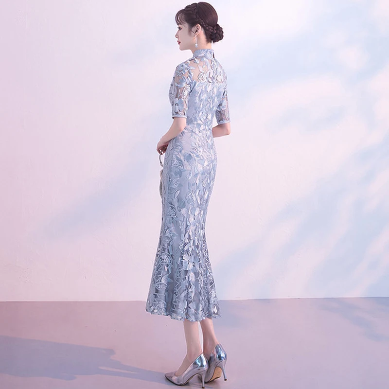 Серое китайское свадебное платье женское с коротким рукавом Кружевное Cheongsam тонкое китайское традиционное платье женское Qipao для свадебной вечеринки