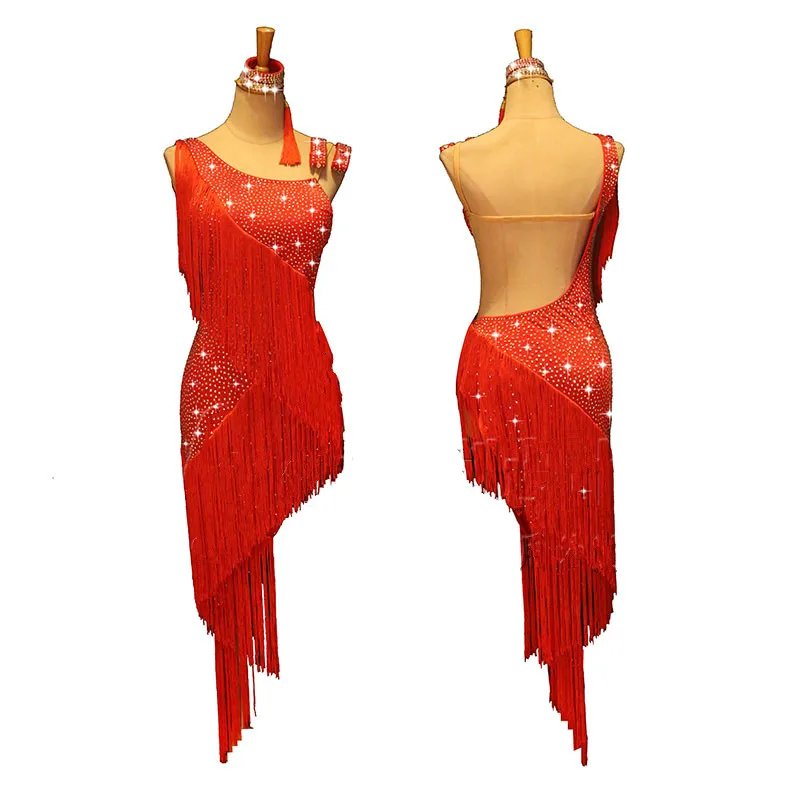 

Full Body Diamond Latin Dance Dress Women Professional Competition Clothes Female Red Sexy Fringed Skirt Evening Dresses