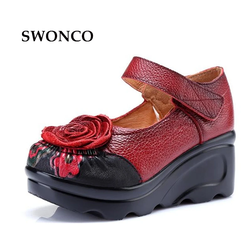 SWONCO Women's Pumps Fashion Flower 7cm Thick Sole Ladies Shoes