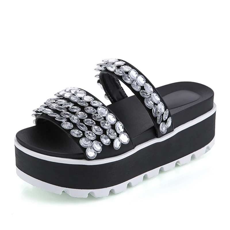 

LANSHULAN Summer Crystal Slippers Platform Creepers Slip On Rhinestone Shoes Woman Beach Flip Flops Casual Women Flats Shoes
