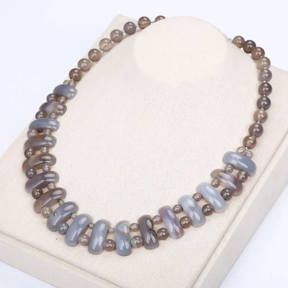 

Gray Agate Large Necklace Natural Stone Crystal Women Fashion Beads Handmade Vintage Fine Jewelry Big Male Leather Necklace Male