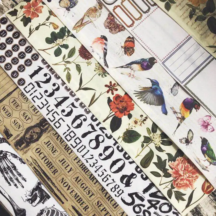 

Vintage Flowers Birds Numbers Masking Tape Set 60mm*7m Wide Washi Tapes for Planner Diary Album Decoration