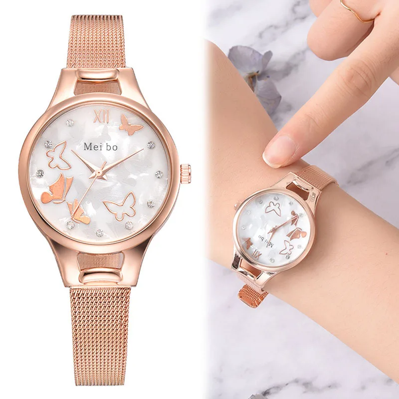 

1 Pcs Women Clock Scale/Butterfly Dial Lady Wrist Quartz Watch Alloy Strap Round Dial Luxury Fashion For Business LXH