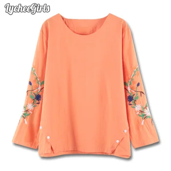 

LycheeGirls Spring Autumn Women Blouse Floral Embroidery Button Hem Long Sleeve Casual Loose Shirt Tops Female