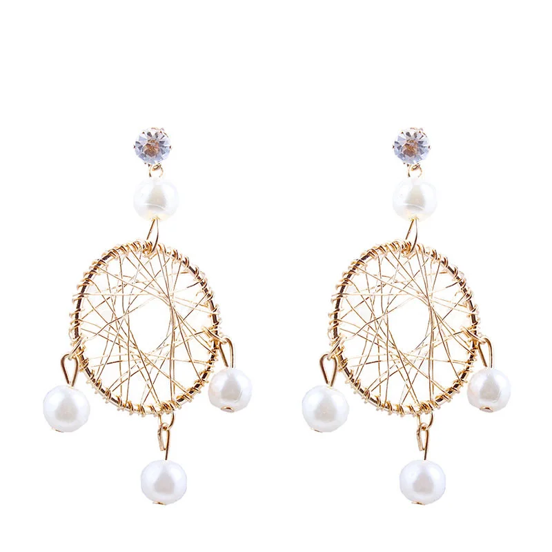 

Dreamcatcher Woven Alloy Korean Pearl Earrings for Women Vintage Pearl Pendant Long Earrings Female Elegant Jewelry Accessories