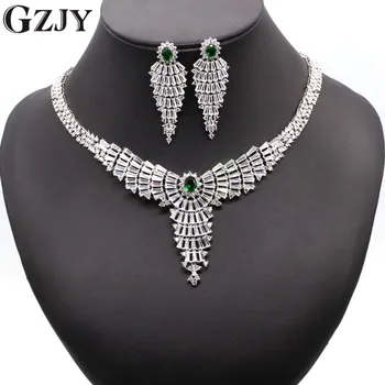 

GZJY European Wedding Jewelry White Gold Color Red/green/blue/black Big Statement Zircon Bridal Necklace Earrings Sets 4colors