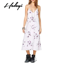 Hodoyi Women Fashion New Autumn Vintage Rose Printed Dress Spaghetti Strap Sexy V-Neck Sleeveless Backless Casual Long Dress