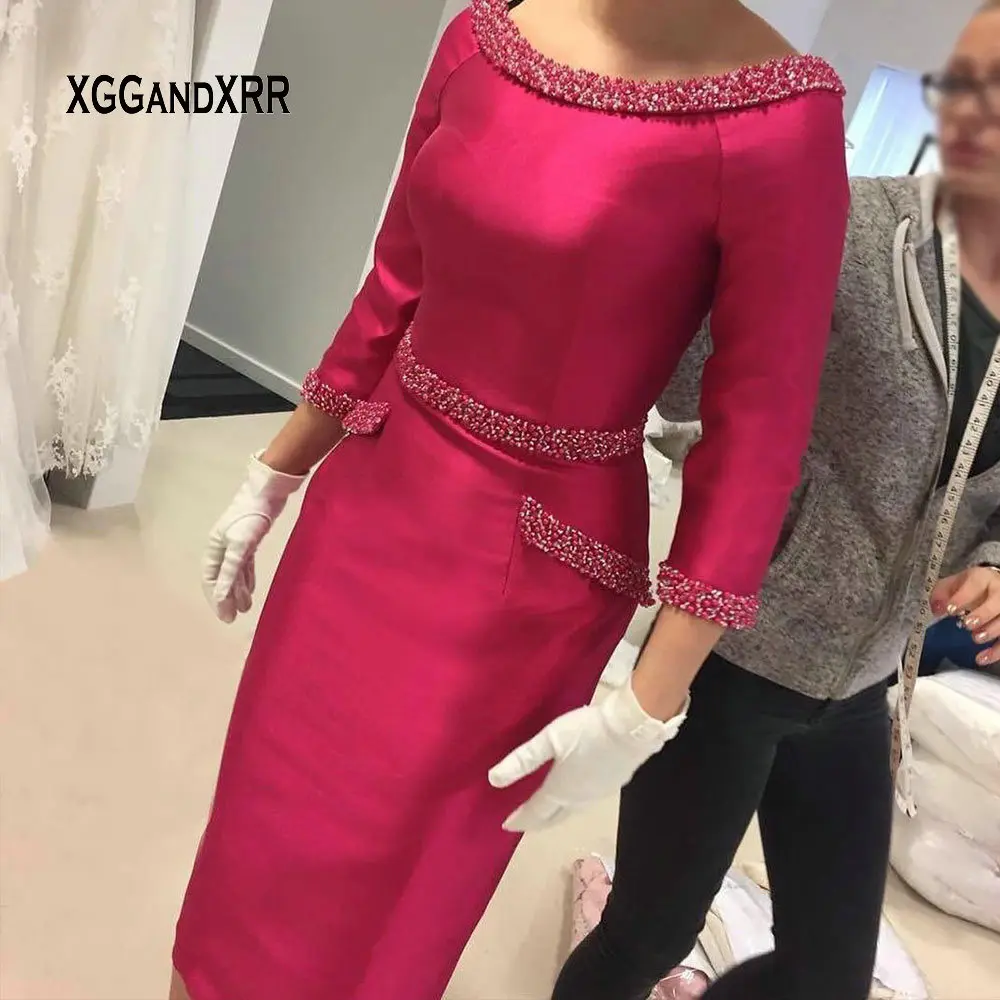 

Elegant Satin Sheath Tea Length Mother of Bride Dress 2019 Scoop Three Quarter Sleeves Beading Woman Formal Wedding Party Gown