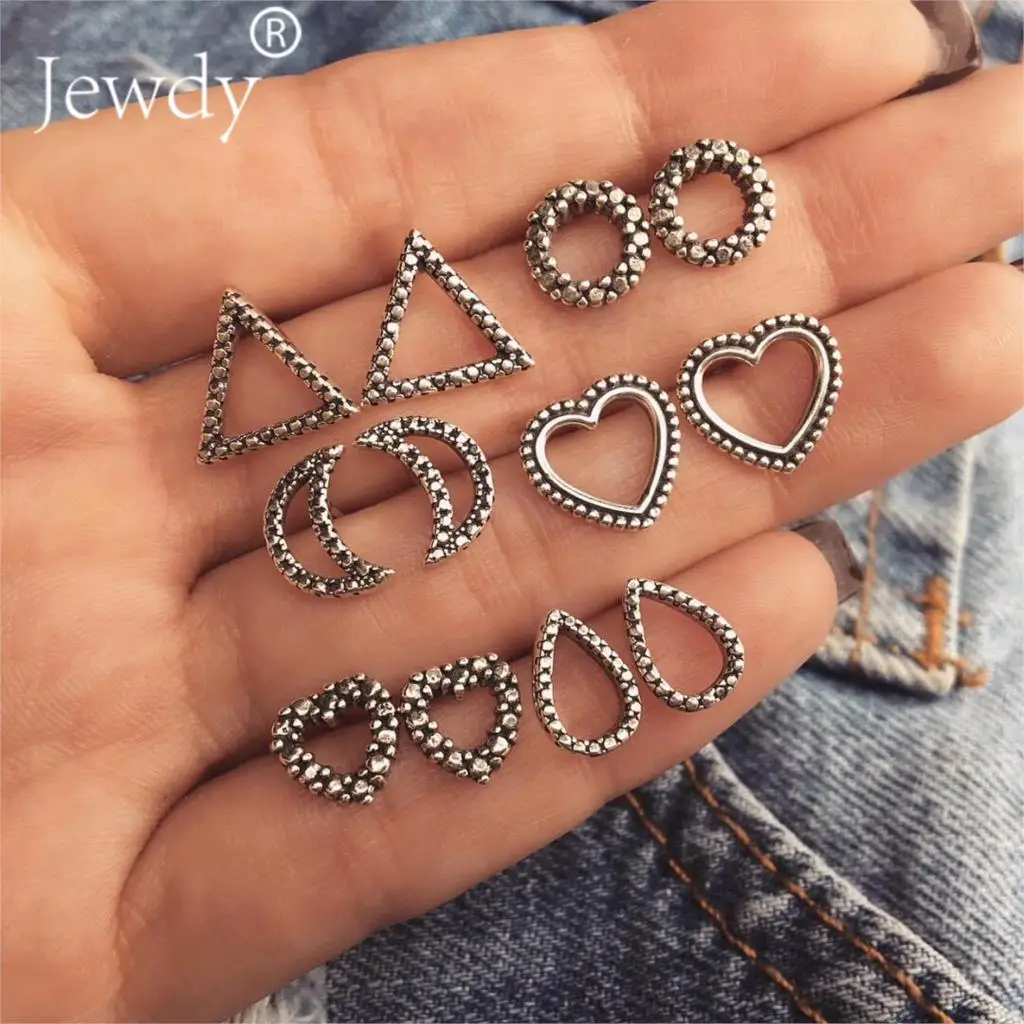 

6 Pairs/Set Bohemian Hollow Out Heart Moon Round Water drop Geometry Pattern Silver Earrings Women Charm Party Jewelry Wedding