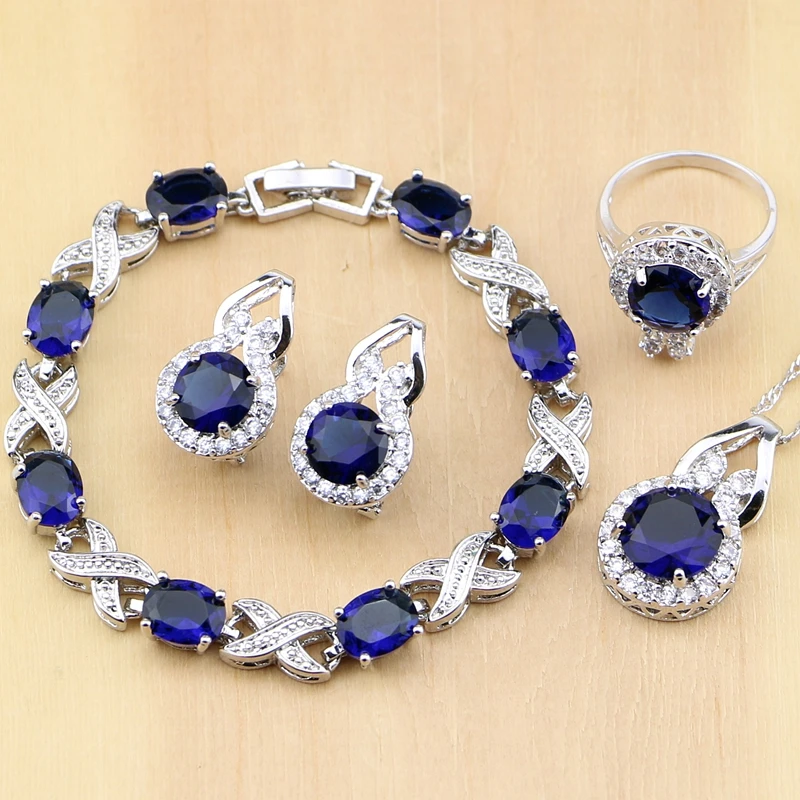 

925 Silver Jewelry Blue Cubic Zirconia Jewelry White Zircon Women Earring Pendant Necklace Rings Bracelet Party Jewelry Sets