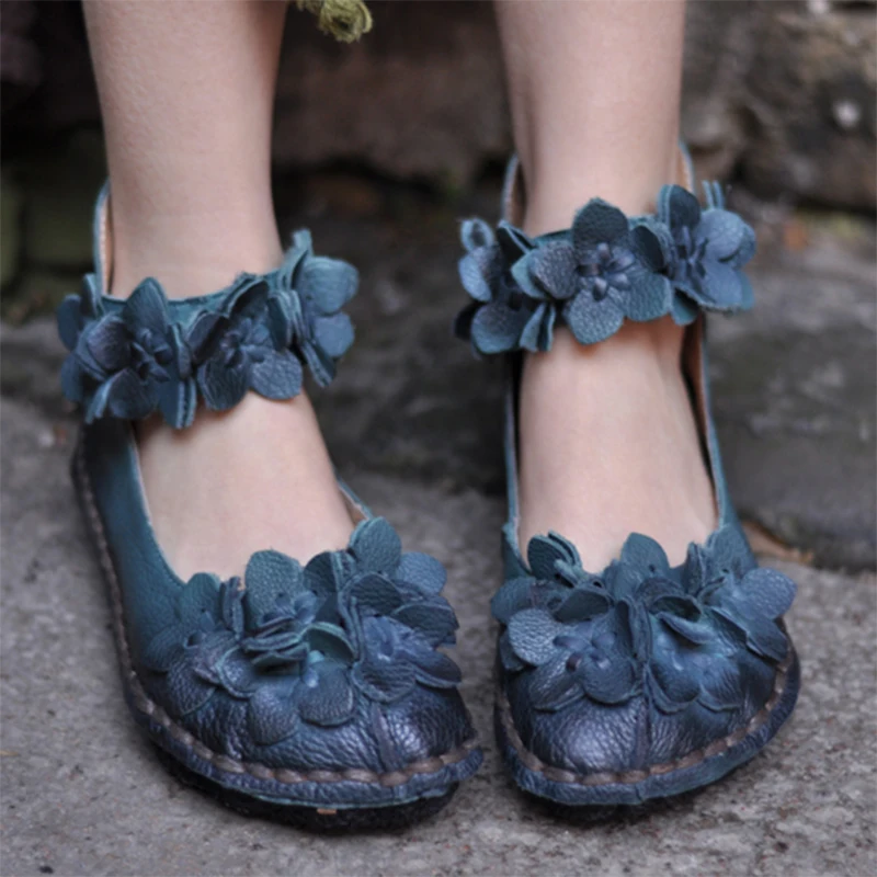 

Artmu Fashion Women Sandals Shoes Flowers Flats Vintage Sneakers Handmade Leather Shoes Flats Soft Casual Shoes Hook Loop Shoes