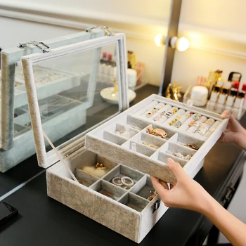 

ANFEI Jewery display box gray velvet two layers jewelry storage box with glass cover large size jewelry tray storage box Z1511