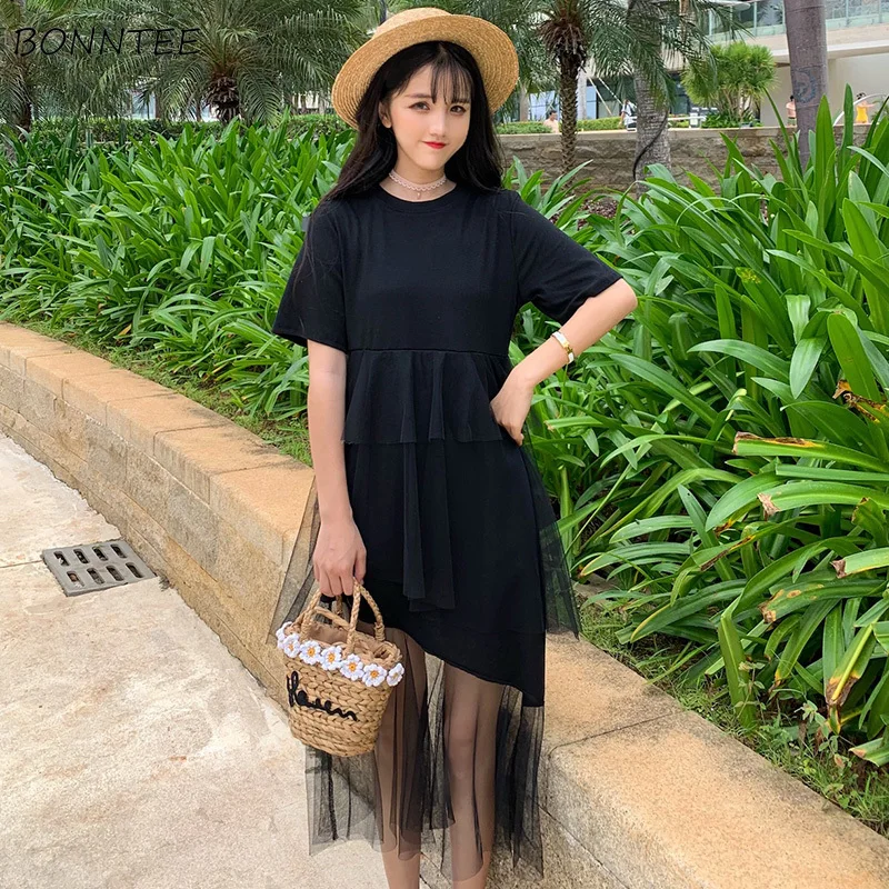 

Dress Women Summer 2019 Korean Style Students Solid O-Neck Loose Womens Mesh Patchwork Sweet Female Outwear Dresses Short Sleeve