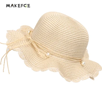 

2019 NEW Fashion Pearl Lace Sun Hat Cute Children's Bow Beach Hat Casual girls Summer cap kids Wavy Edges Straw sea Hats