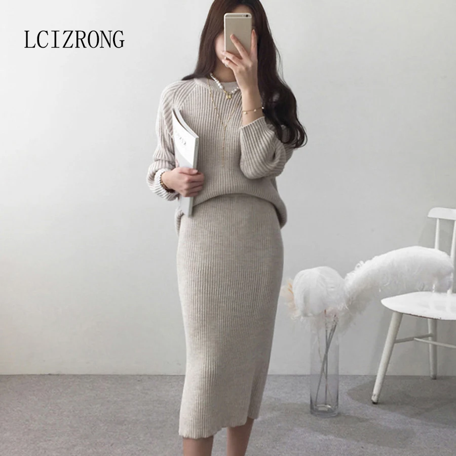 Elegant Ladies Solid Sweater + Skirt 2 