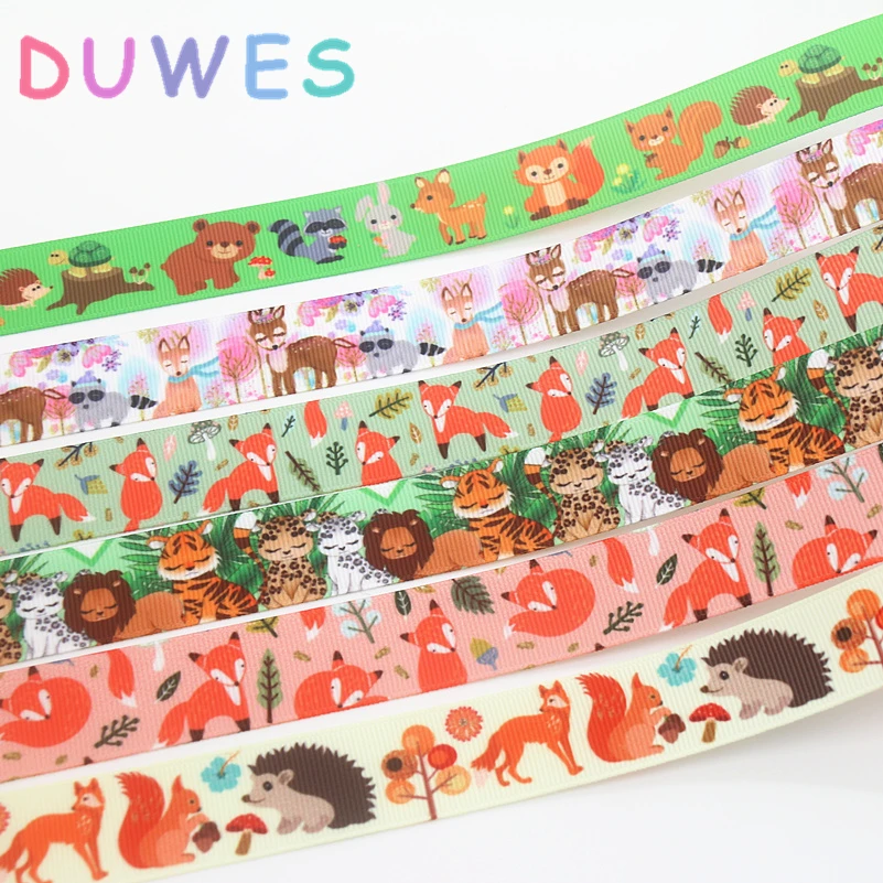 

DUWES 50yards animals fox squirrel printed grosgrain Ribbon Accessory hairbow headwear decoration Wholesale OEM D1033