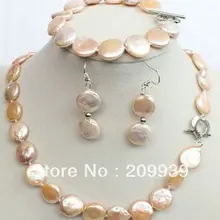 Huij 001899 Природный 12 ММ розовый Пресноводных монета жемчужное ожерелье браслет 1"+ серьги