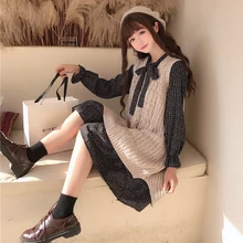 Spring Women’s Korean Fashion Clothing Bow Fresh High Waist Plaid Dress + Sweater Vest Two-Piece Set