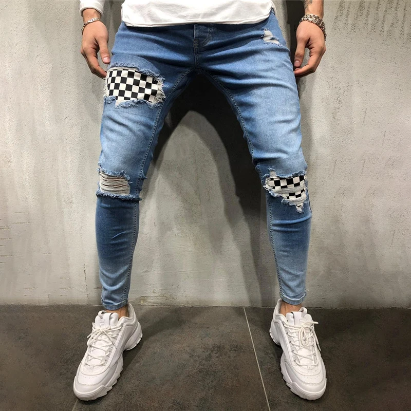 

Summer Men's hip hop high quality hole pants new men's badge Slim jeans tide 2019 new men jeans ripped jeans for men