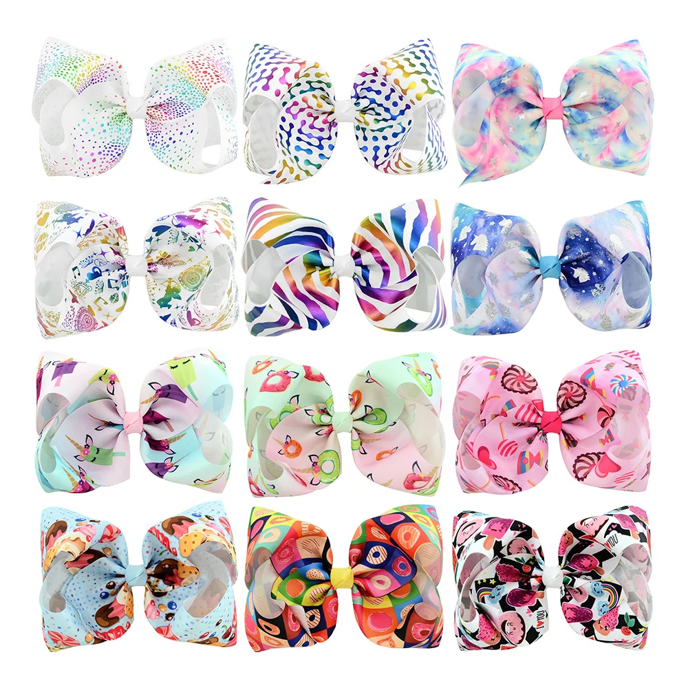 

12PCS 8 inch Big Girls Holiday Bows Candy Doughnut Unicorn Lollipop Ice Cream Print Jumbo Boutique Hair Bows Alligator Hair Clip