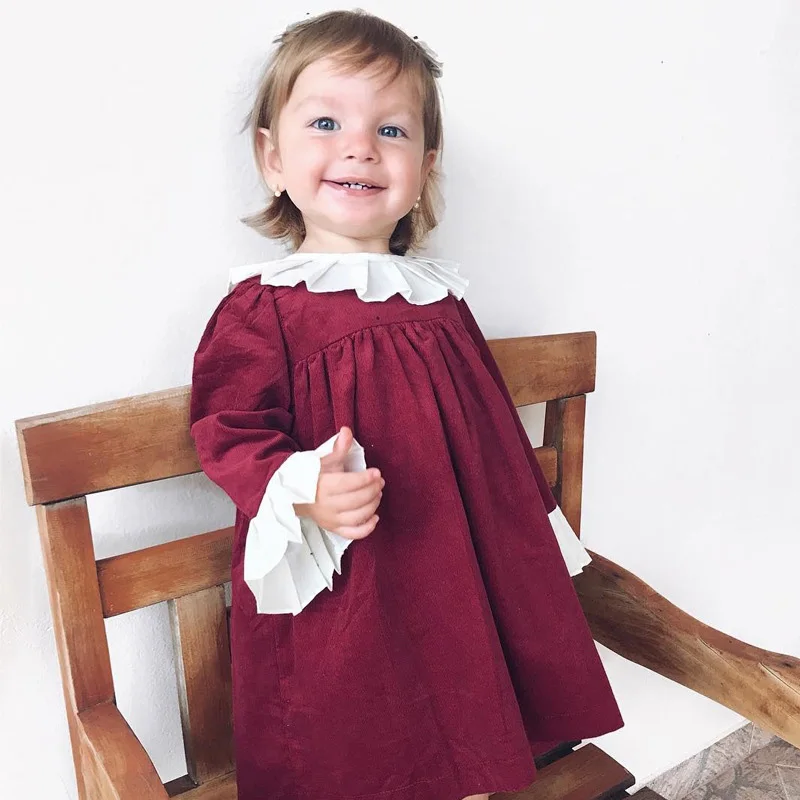Cute Baby Peter Pan Collar Girls Dresses Long Puff Sleeve Wine Red Autumn Lace Ruffles Dress