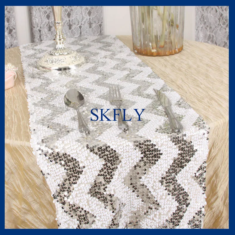 

RU018G SKFLY good quality wedding silver and white chevron sequin table runner