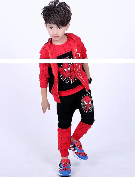 Комплекты одежды для мальчиков куртка с рисунком+ футболка+ штаны детская одежда комплект одежды из 3 предметов для маленьких мальчиков с человеком-пауком