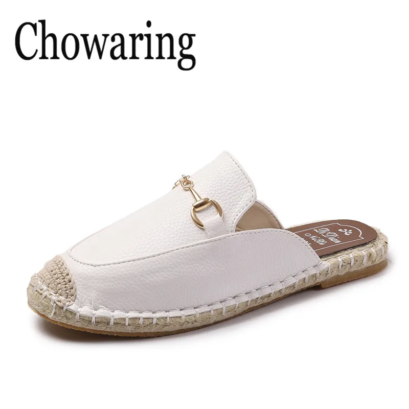 

Chowaring Women Mules Shoes 2018 Spring Summer Round Toe Flat Heel Slip On Horsebit detail Leather Female Slippers Hemp Soled