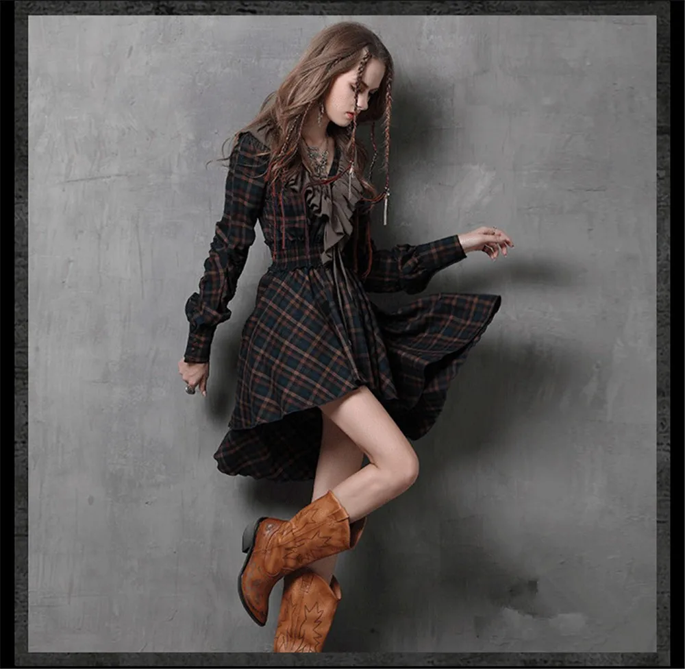 Vintage Autumn Elegant Plaid Women Dress Tunic 90% Cotton Dress Women Long Sleeve Ruffles Vestidos Femininos Vintage Dresses (7)