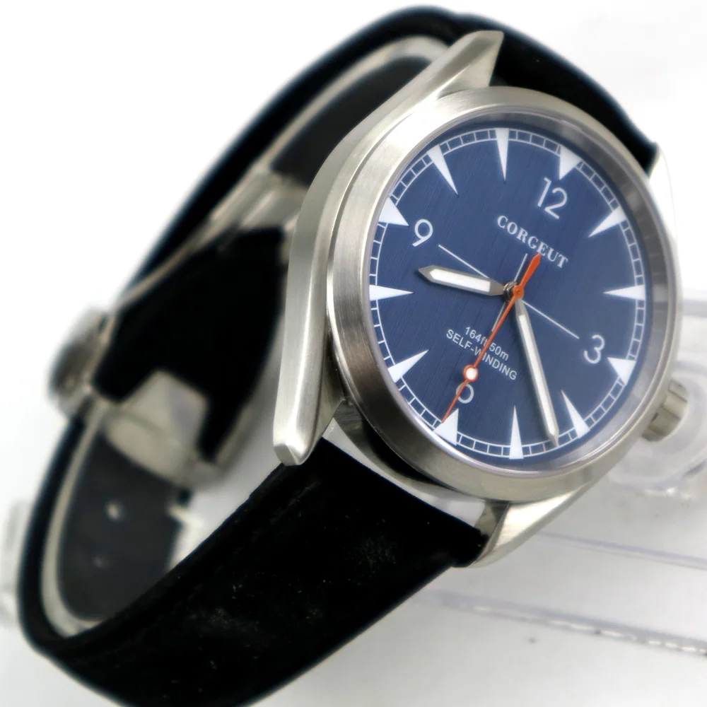 Матовый 39 мм Corgeut синий циферблат сапфировое стекло, автоматические мужские часы