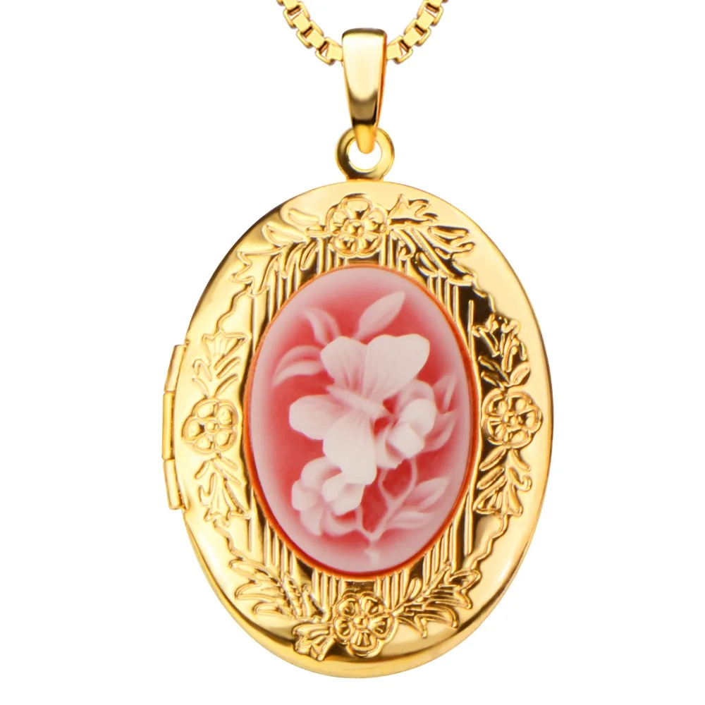 Photo Frame Memory Locket Gold Color Pendant Necklace Vintage Flower