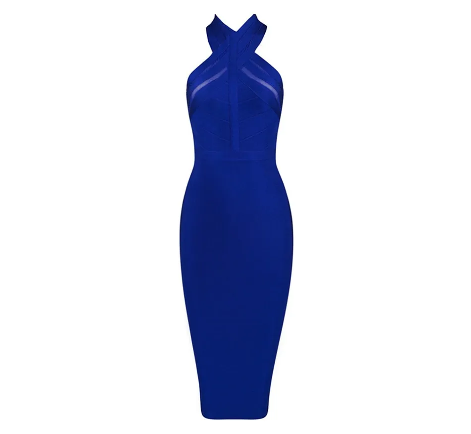 Новейшее летнее праздничное платье-повязка знаменитости женское синее без рукавов с открытыми плечами Сексуальное Вечернее Платье женское облегающее платье Vestidos