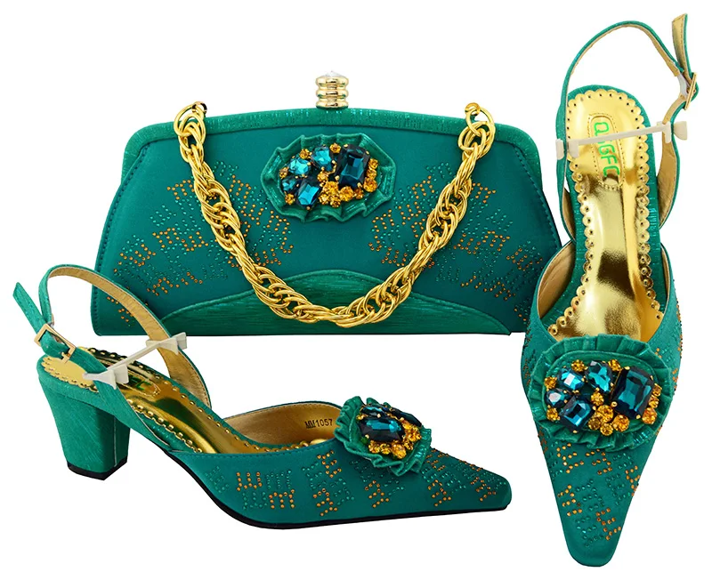 Teal green low heel sandal shoes and clutches bag matching set for old