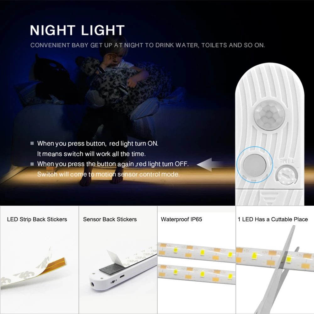 Светодиодный светильник для шкафа с датчиком движения 1 м 2 м 3 м под кровать, для лестницы, для гардероба, водонепроницаемая, 5 В, USB, светодиодная лента для шкафа, для кухни, ночная лампа