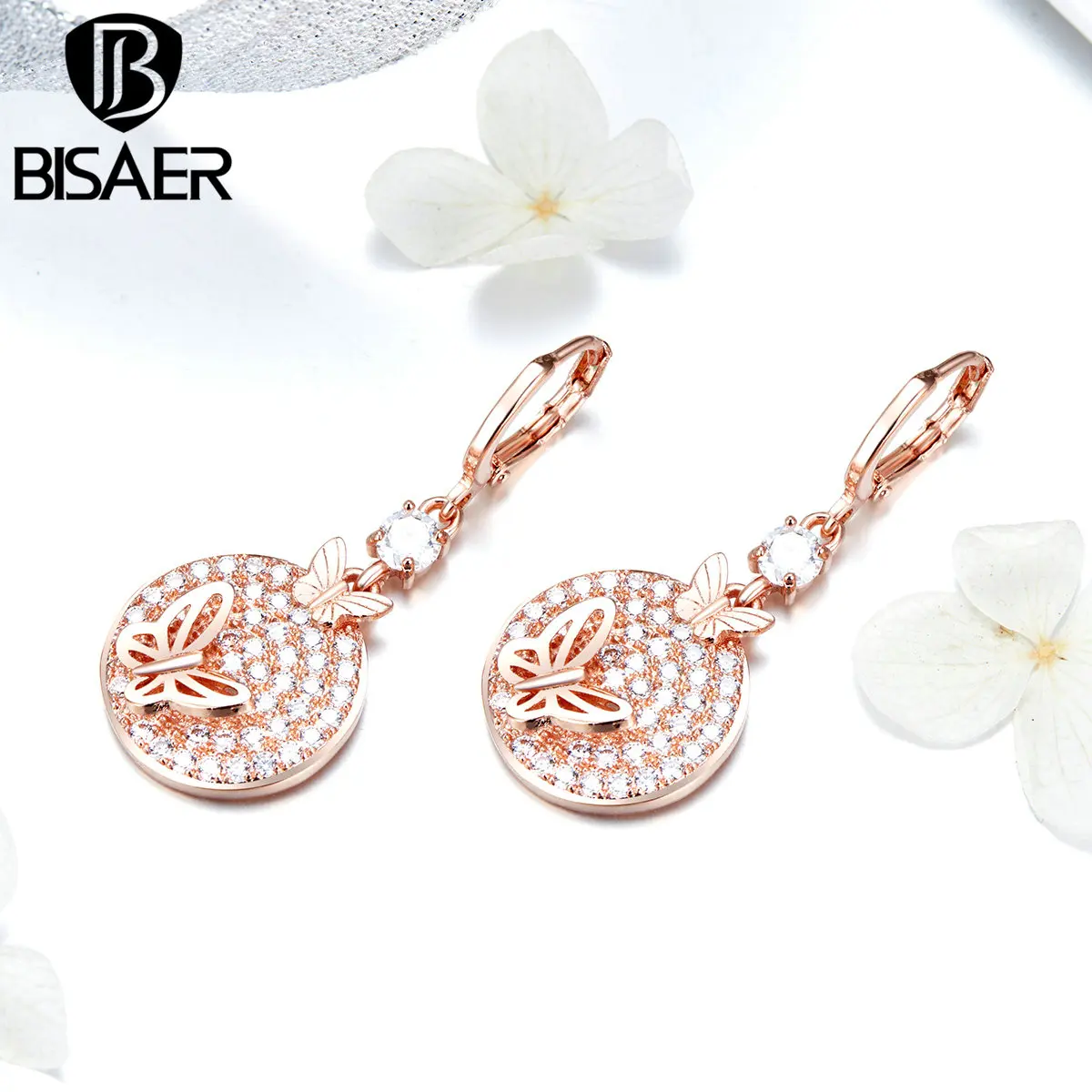 

BISAER Intricate Rose Golden Sweet Butterfly Drop Earring For Women Fashion Jewelry Gift Engagement Wedding Party HNE181