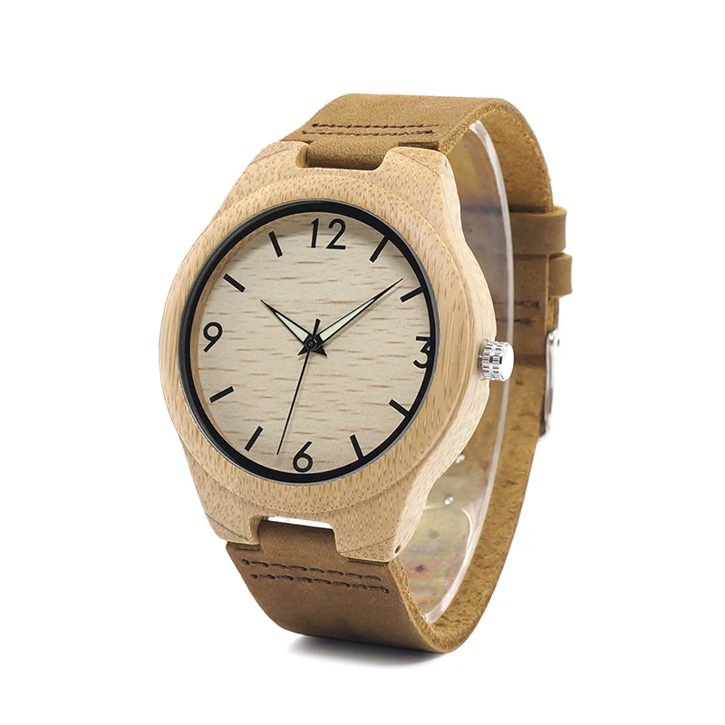 BOBO BIRD Bamboo Men Watches With Night Light Pointer Real Leather Quartz Watch relogio masculino Gift for Man Accept Logo W-A40