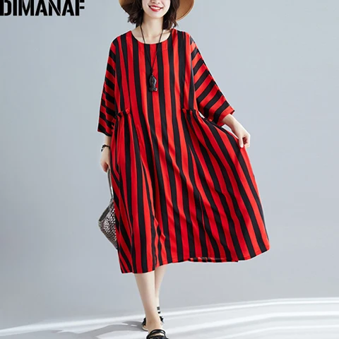 Qing98838CN-hong DIMANAF, женское платье большого размера, винтажное, для женщин, Vestidos, большой размер, летнее, сарафан, с принтом, в полоску, свободные, с длинным рукавом, платья - Цвет: Qing98838CN-hong