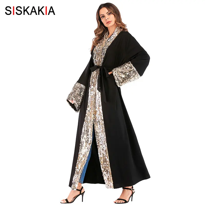 Женский мусульманский кардиган Siskakia кафтан лоскутного покроя с блестками и