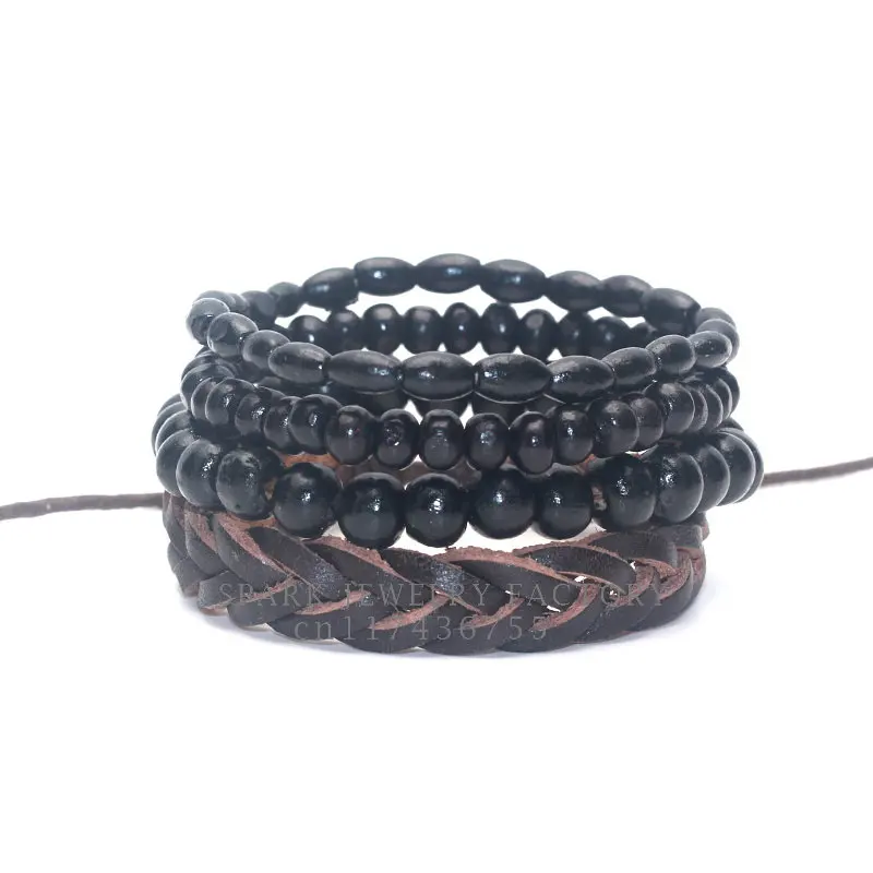 1 набор 4 шт бамбуковый деревянный браслет с бусинами, кожаный браслет с застежкой, мужской модный браслет в упаковке - Окраска металла: Brwon Black