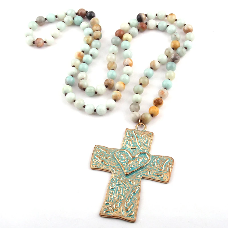 

Free Shipping Bohemian Jewelry long knotted Amazonite Stones Cross Necklace For Women