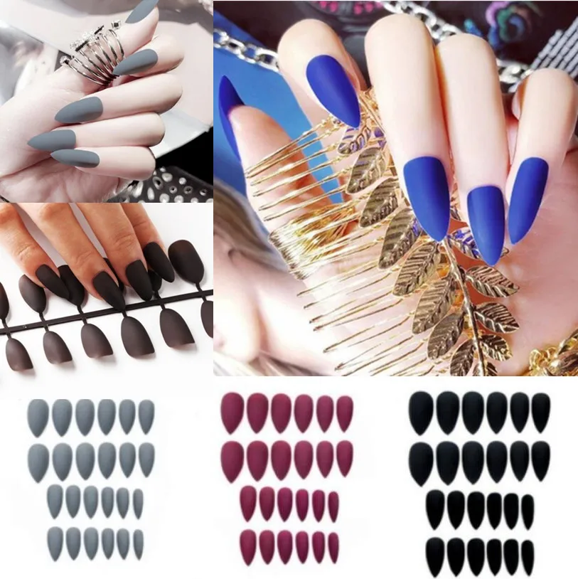 

24 PCS Stiletto Fake Nails Luxury Matte Full Cover False Nails Long Size Pointed Artificial Nails Solid Color Diy Nail Art Tips