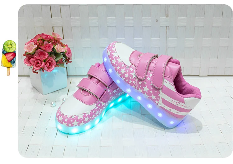 Розовые американские звезды детская обувь для мальчиков и девочек светодиодный светящийся кроссовки модные детские светящиеся кроссовки